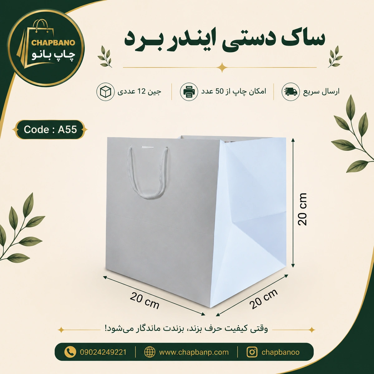 ساک دستی کاغذی ایندربرد سایز 20 در 20 مجموعه 12 عددی