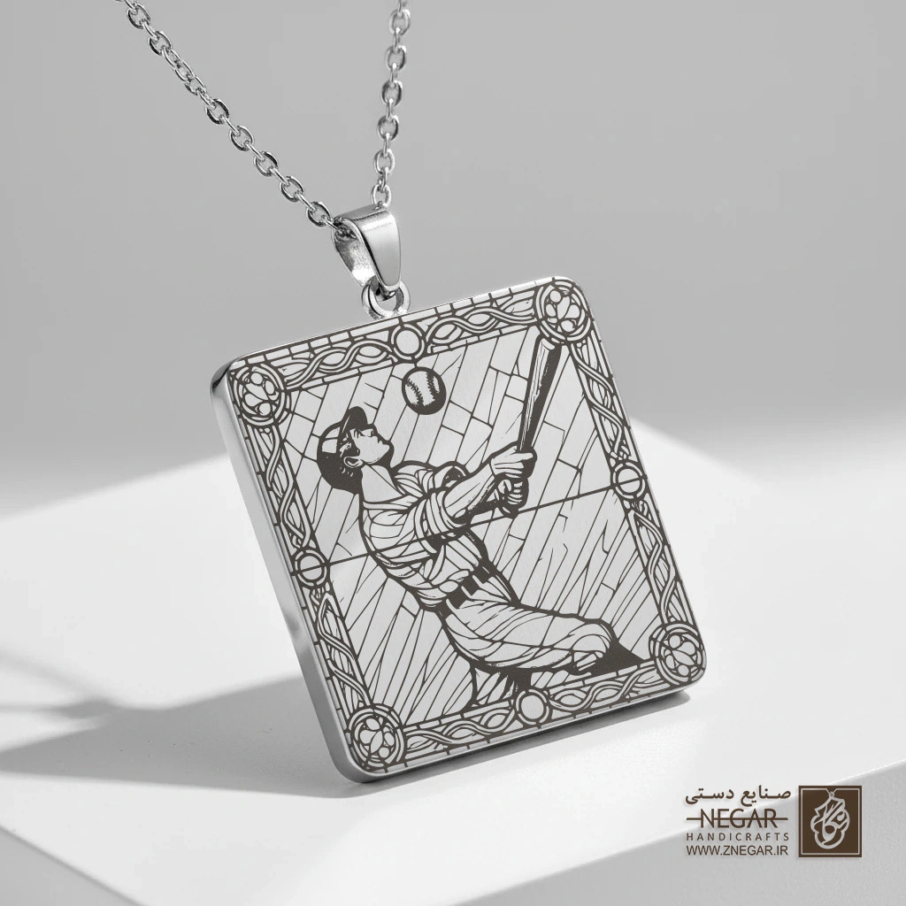 گردنبند طرح بازیکن بیسبال در حال ضربه (حکاکی لیزری فایبر، مدل قاب مربع) کد 500204