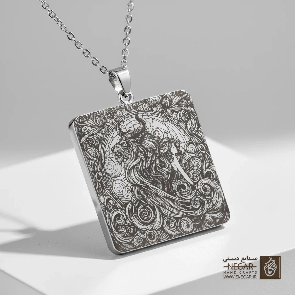 گردنبند طرح بل در قاب طبیعت (حکاکی لیزری فایبر، مدل قاب مربع) کد 500346
