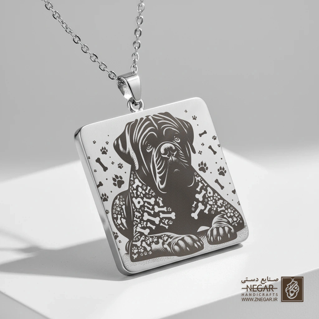 گردنبند طرح چهره سگ بول ماستیف مینیاتوری (حکاکی لیزری فایبر، مدل قاب مربع) کد 500441