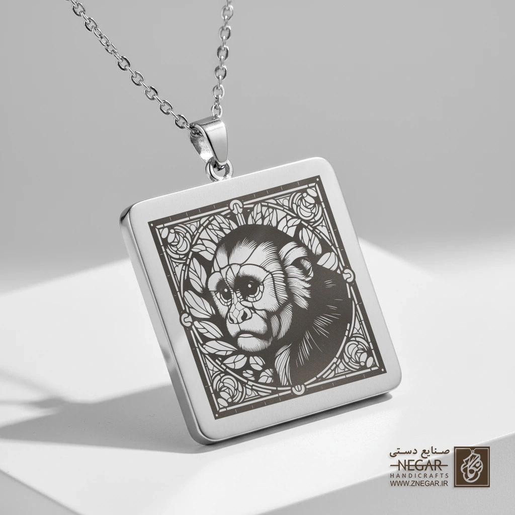 گردنبند طرح نیم‌رخ میمون کاپوچین (حکاکی لیزری فایبر، مدل قاب مربع) کد 500497