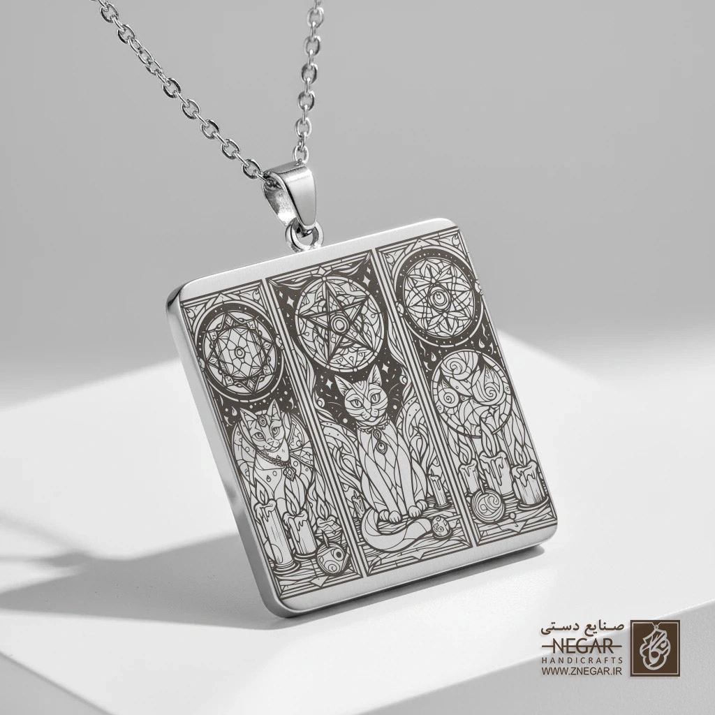 گردنبند طرح نمادهای جادو و گربه (حکاکی لیزری فایبر، مدل قاب مربع) کد 500534