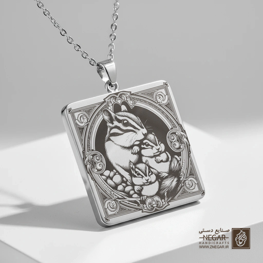 گردنبند طرح جفت سنجاب مینیاتوری (حکاکی لیزری فایبر، مدل قاب مربع) کد 500586