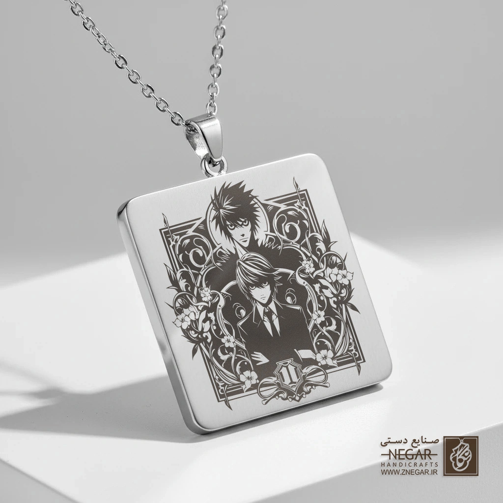 گردنبند طرح انیمه دفترچه مرگ (Death Note) (حکاکی لیزری فایبر، مدل قاب مربع) کد 500894