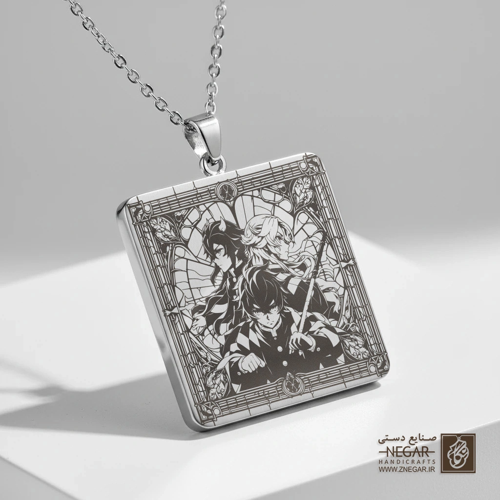 گردنبند طرح انیمه شیطان کش (Demon Slayer) (حکاکی لیزری فایبر، مدل قاب مربع) کد 500918