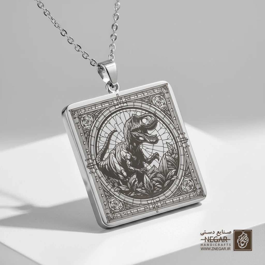 گردنبند طرح دایناسور میان امواج (حکاکی لیزری فایبر، مدل قاب مربع) کد 500959