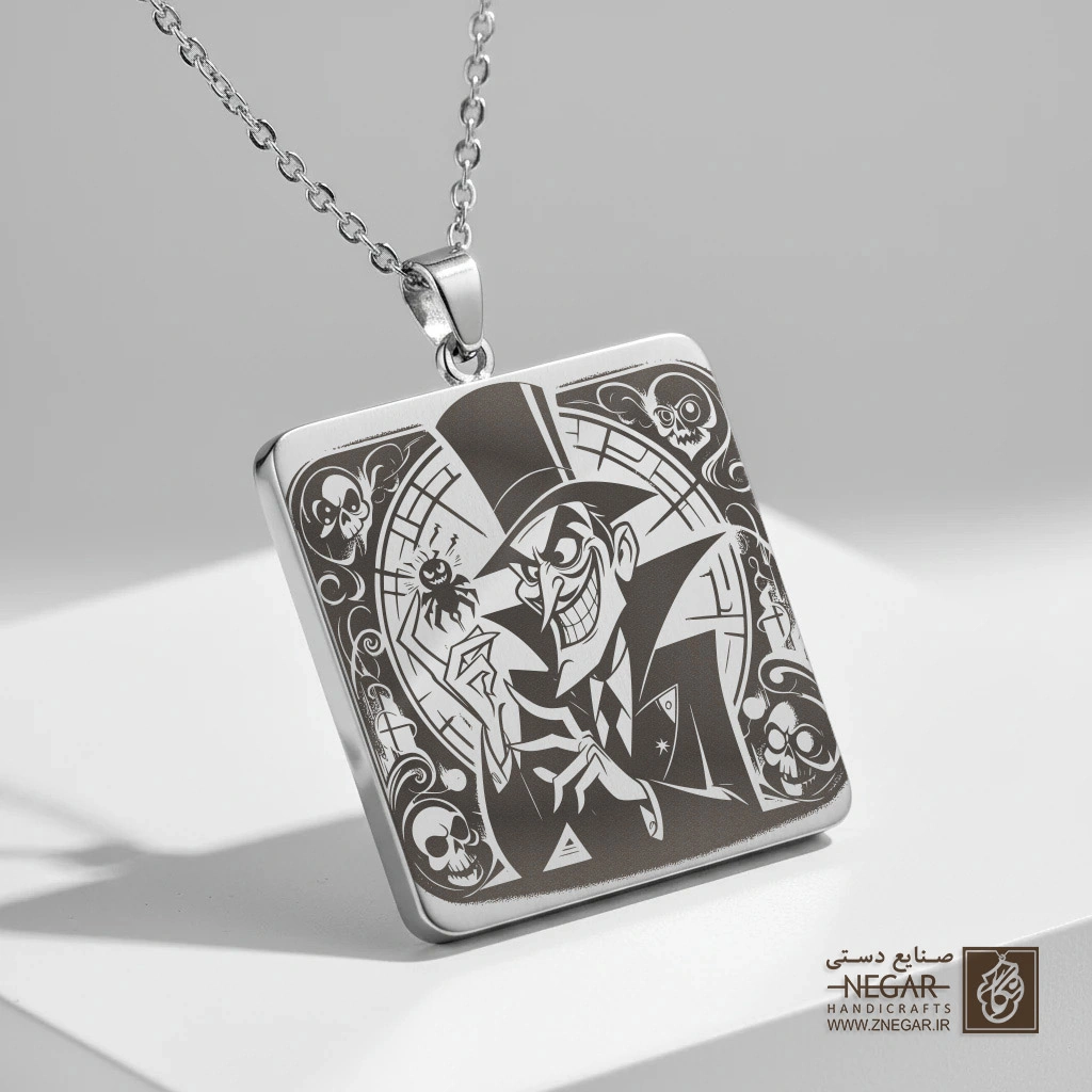 گردنبند طرح جادوگر دکتر فاسیلیه فانتزی (حکاکی لیزری فایبر، مدل قاب مربع) کد 500968