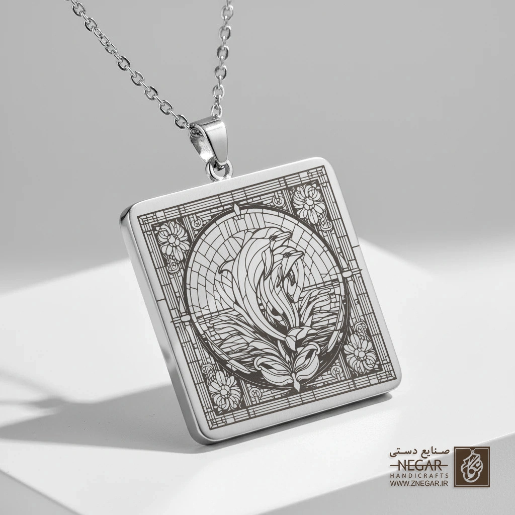 گردنبند طرح دلفین مینیمال در دایره (حکاکی لیزری فایبر، مدل قاب مربع) کد 500994