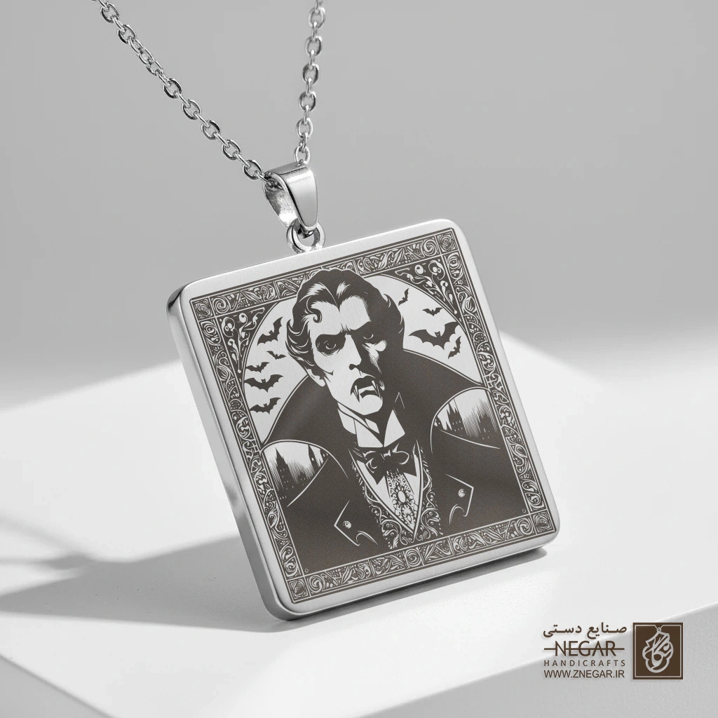 گردنبند طرح دراکولا و خفاش (حکاکی لیزری فایبر، مدل قاب مربع) کد 501023