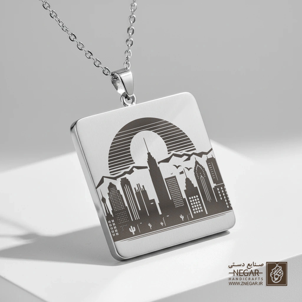 گردنبند طرح نمای شهر ال‌پاسو (El Paso) (حکاکی لیزری فایبر، مدل قاب مربع) کد 501087