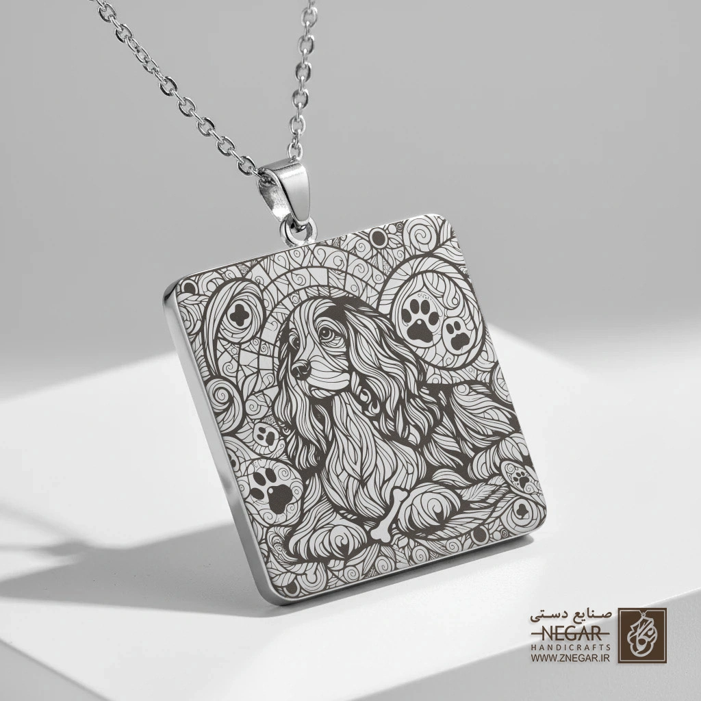 گردنبند طرح کوکر اسپانیل لمیده (حکاکی لیزری فایبر، مدل قاب مربع) کد 501097