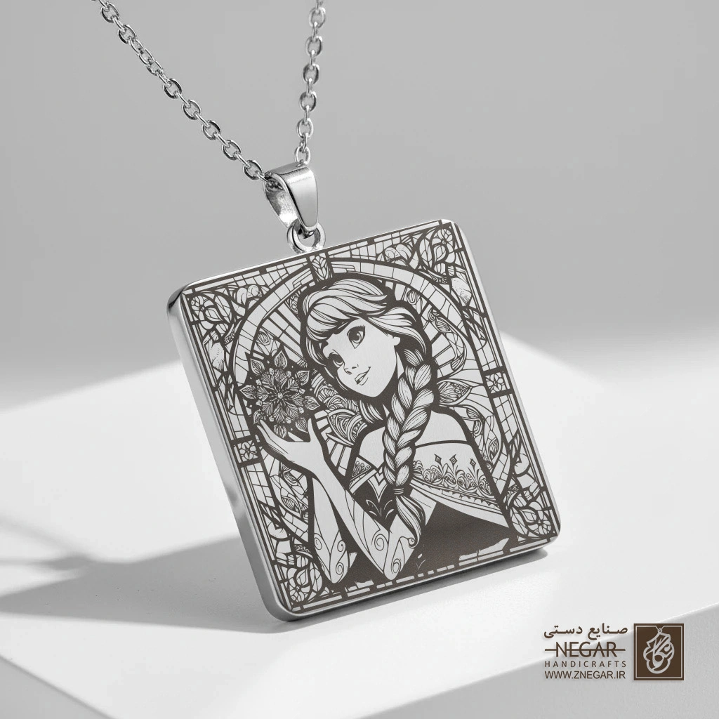 گردنبند طرح السا و آنا (Frozen) (حکاکی لیزری فایبر، مدل قاب مربع) کد 501313