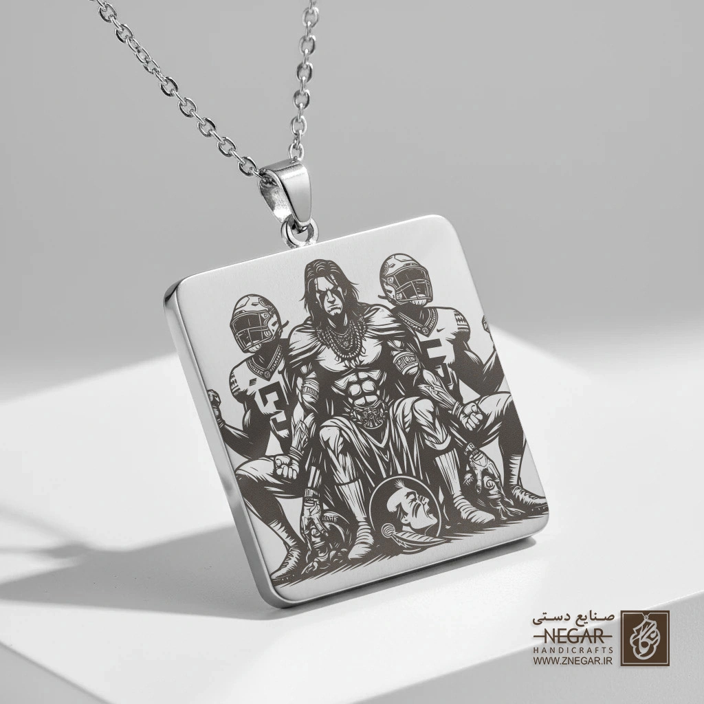 گردنبند طرح قهرمانان حماسی (حکاکی لیزری فایبر، مدل قاب مربع) کد 501365