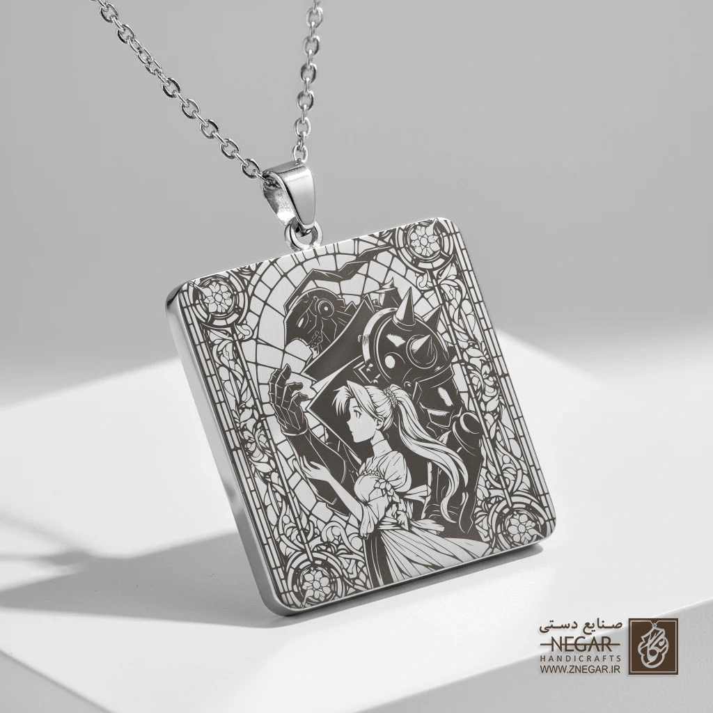 گردنبند طرح وینری راکبل (Winry) (حکاکی لیزری فایبر، مدل قاب مربع) کد 501372
