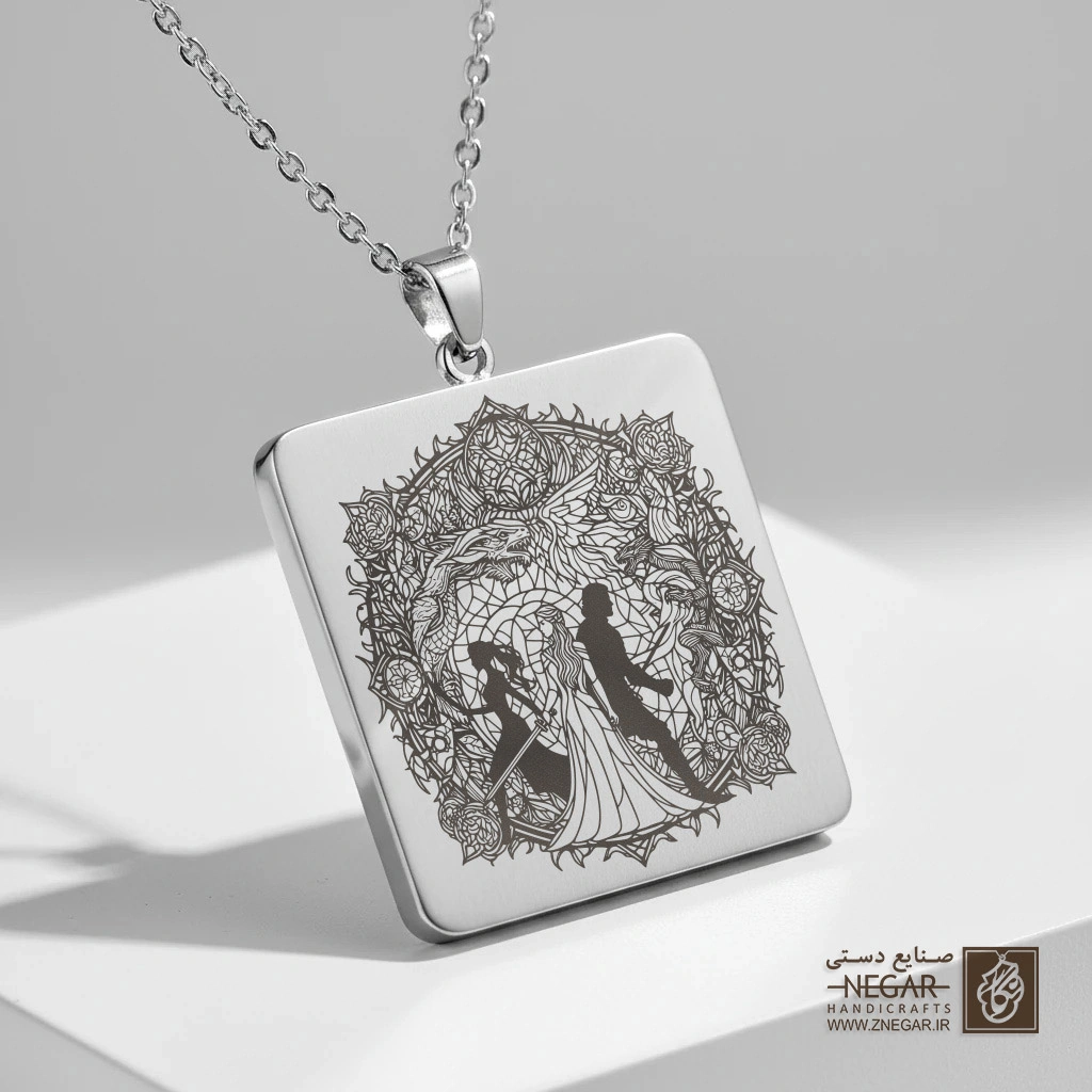 گردنبند طرح جان و دنریس در قاب قلب (حکاکی لیزری فایبر، مدل قاب مربع) کد 501387