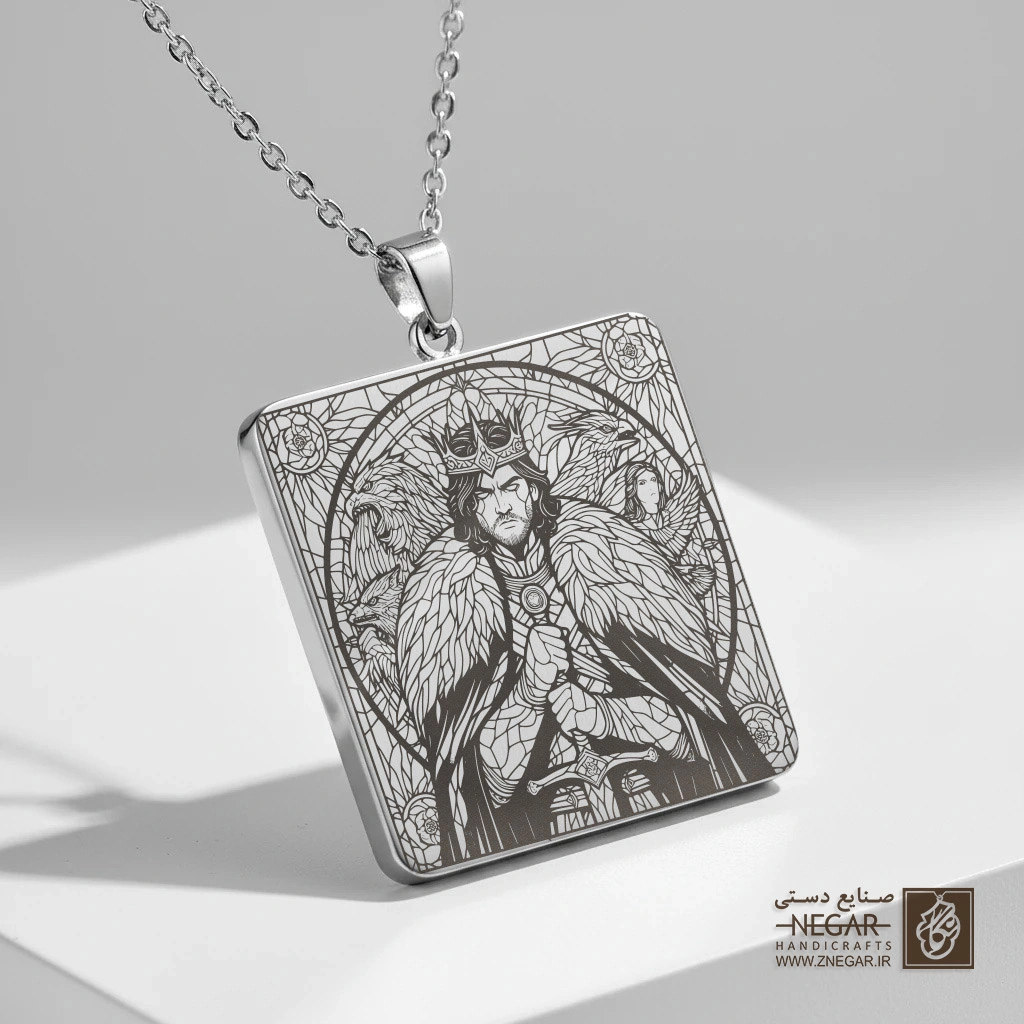 گردنبند طرح جان اسنو در کادر تزیینی (حکاکی لیزری فایبر، مدل قاب مربع) کد 501390