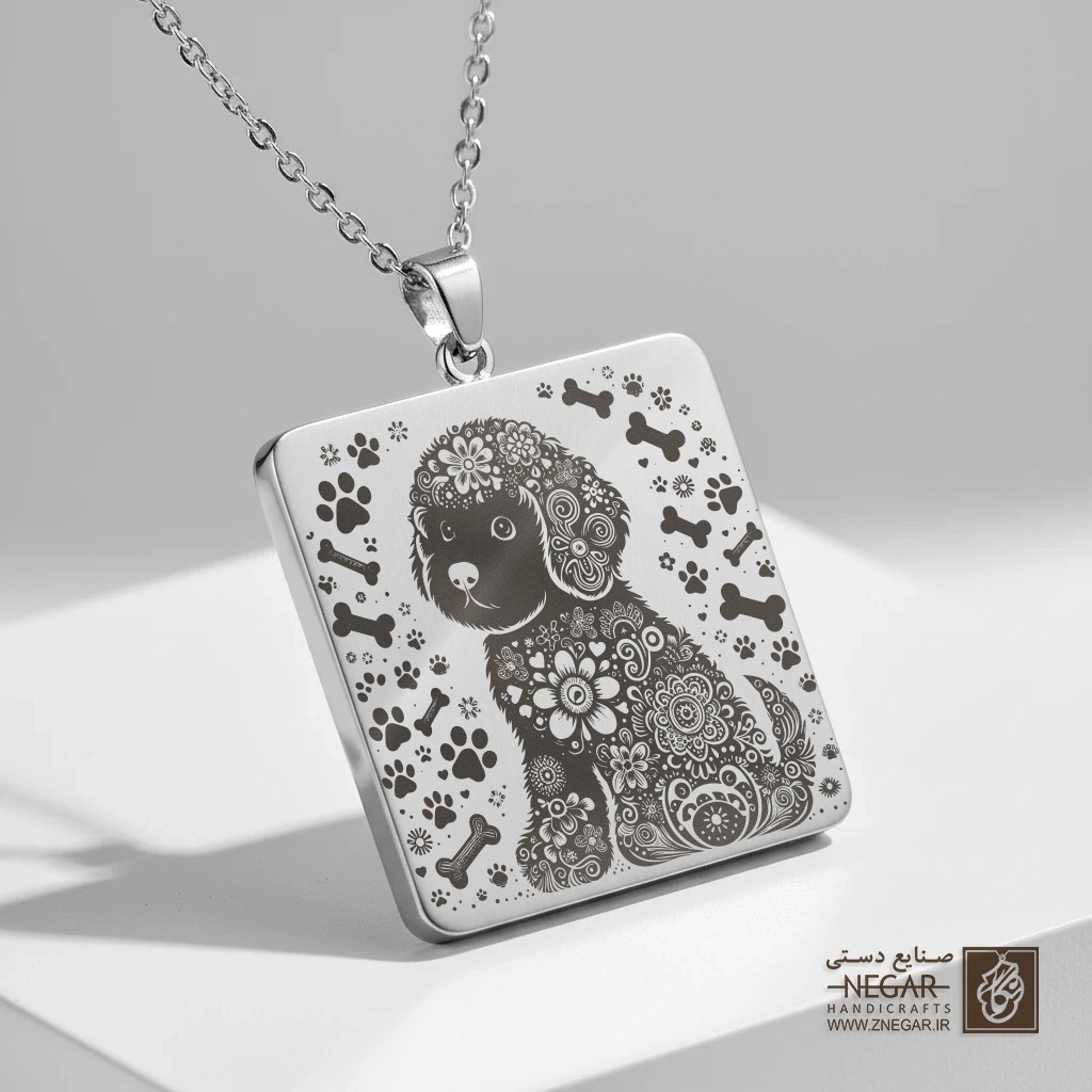 گردنبند طرح سگ گلدن دودل با نقوش گل (حکاکی لیزری فایبر، مدل قاب مربع) کد 501500