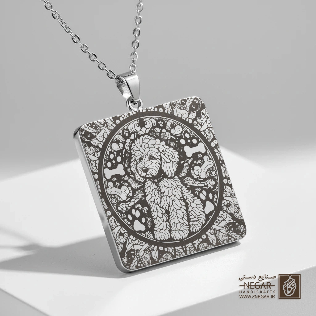 گردنبند طرح سگ گلدن دودل در قاب (حکاکی لیزری فایبر، مدل قاب مربع) کد 501502