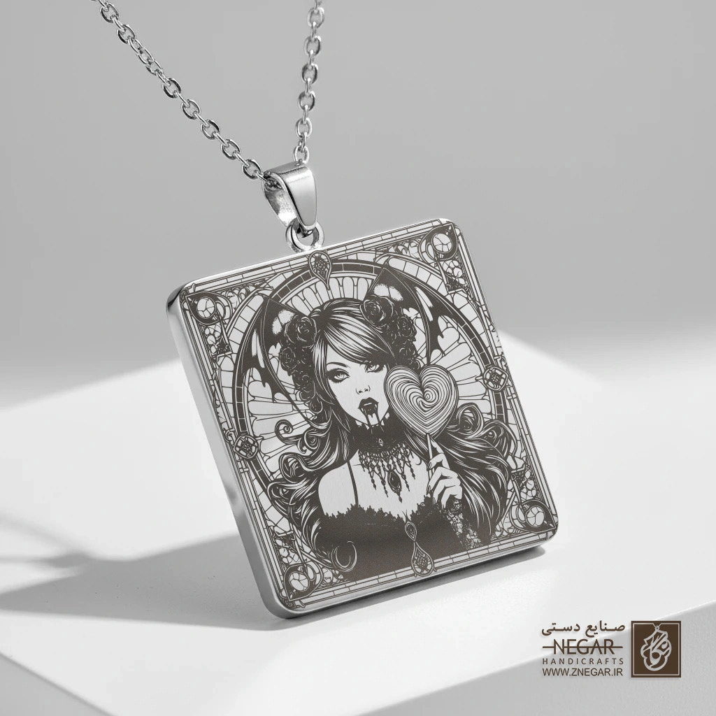 گردنبند طرح دختر گوتیک (Goth Girl) (حکاکی لیزری فایبر، مدل قاب مربع) کد 501513