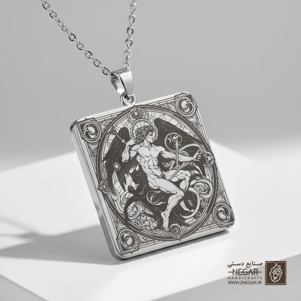 گردنبند طرح هادس و دنیای مردگان (حکاکی لیزری فایبر، مدل قاب مربع) کد 501587