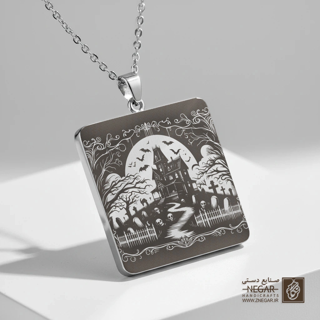 گردنبند طرح عمارت متروکه (حکاکی لیزری فایبر، مدل قاب مربع) کد 501633