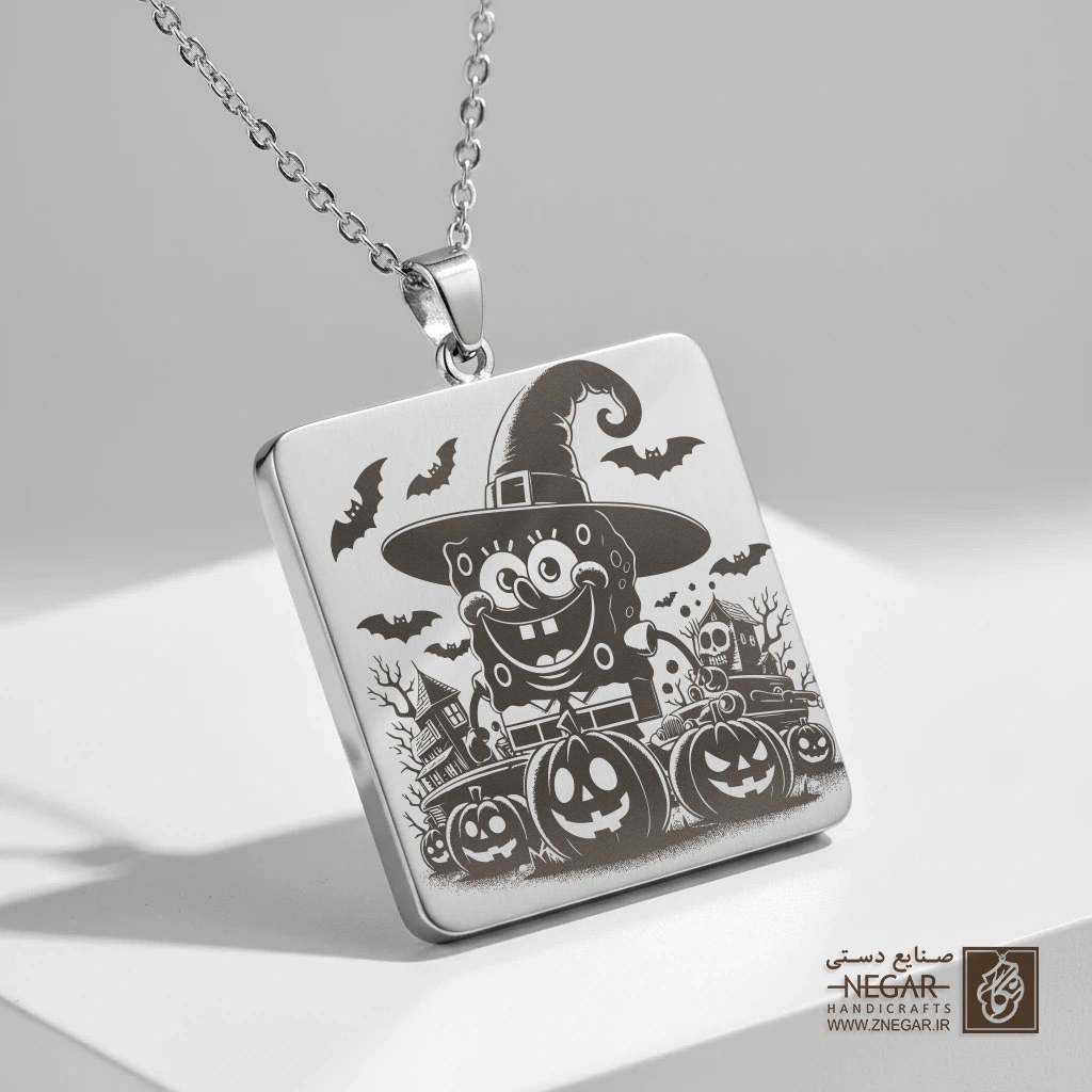 گردنبند طرح باب‌اسفنجی جادوگر (حکاکی لیزری فایبر، مدل قاب مربع) کد 501713