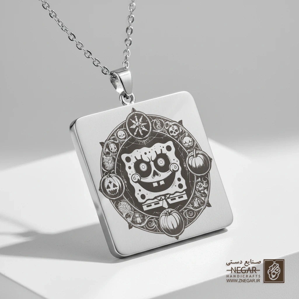 گردنبند طرح باب‌اسفنجی در قاب ماندالا (حکاکی لیزری فایبر، مدل قاب مربع) کد 501714