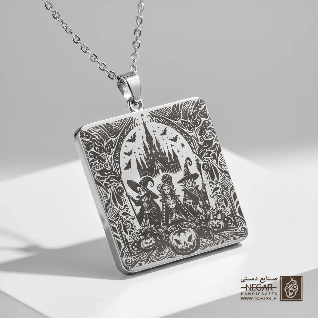 گردنبند طرح قصر جادوگران و کدو (حکاکی لیزری فایبر، مدل قاب مربع) کد 501853
