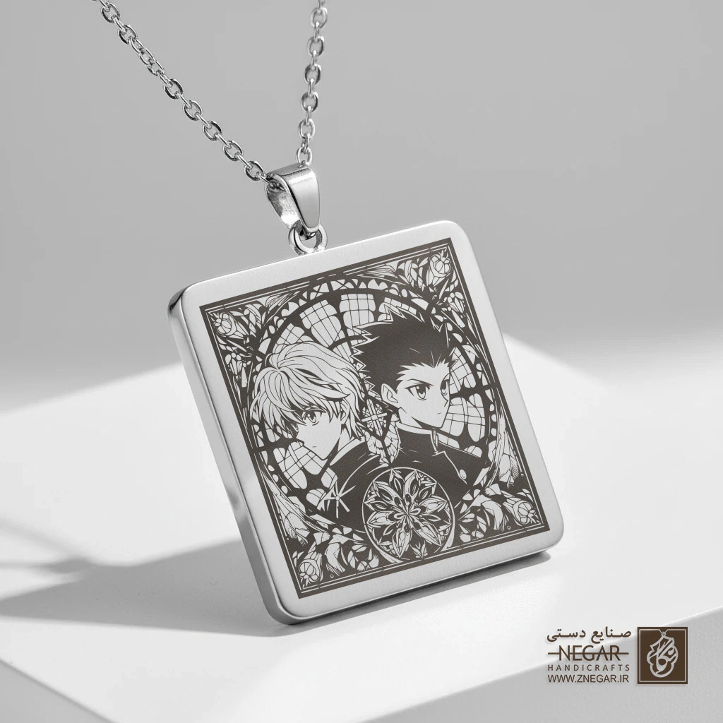گردنبند طرح گون و کیلوا در قاب دایره (حکاکی لیزری فایبر، مدل قاب مربع) کد 501923