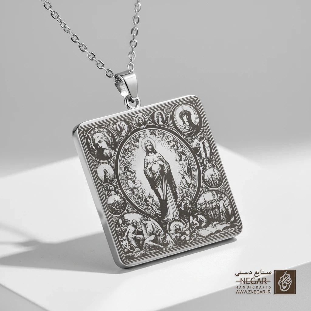 گردنبند طرح شمایل حضرت عیسی (ع)  (حکاکی لیزری فایبر، مدل قاب مربع) کد 501998
