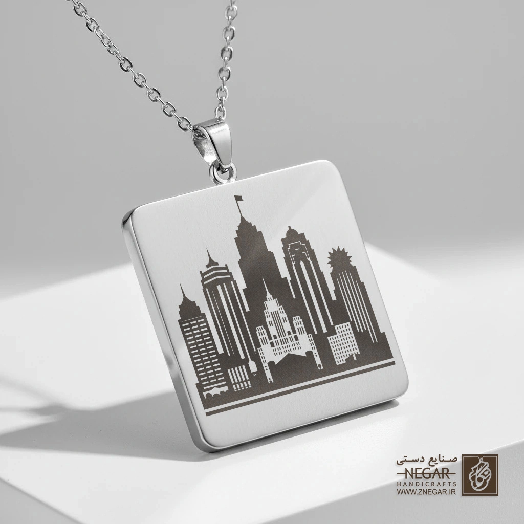 گردنبند طرح خط افق کانزاس (Kansas City) (حکاکی لیزری فایبر، مدل قاب مربع) کد 502026