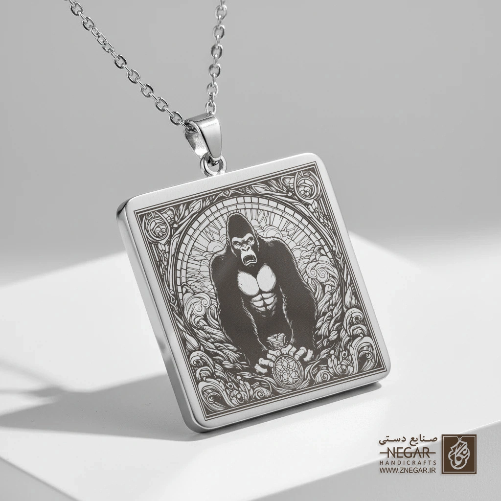 گردنبند طرح گوریل در قاب ماندالا (حکاکی لیزری فایبر، مدل قاب مربع) کد 502056