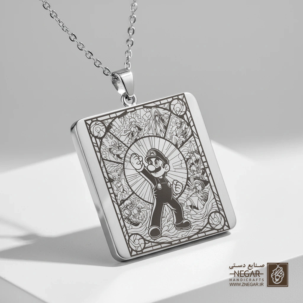 گردنبند طرح ماریو قهرمان (حکاکی لیزری فایبر، مدل قاب مربع) کد 502210