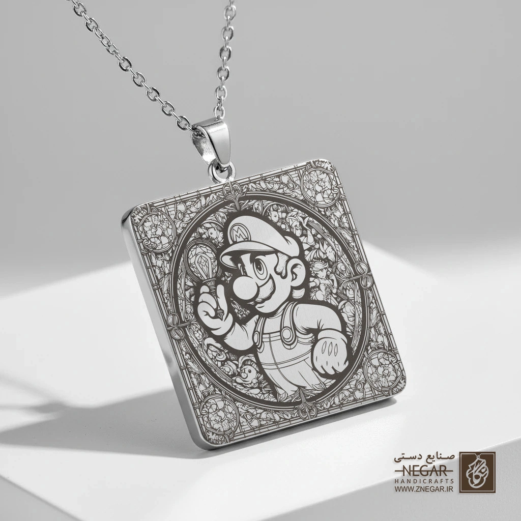 گردنبند طرح ماریو کلاسیک (حکاکی لیزری فایبر، مدل قاب مربع) کد 502212