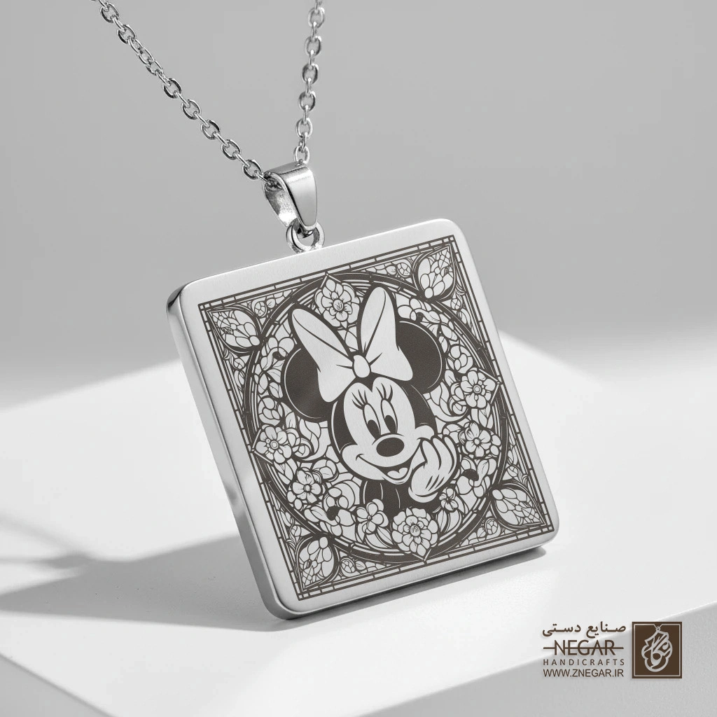 گردنبند طرح مینی موس فانتزی (حکاکی لیزری فایبر، مدل قاب مربع) کد 502291