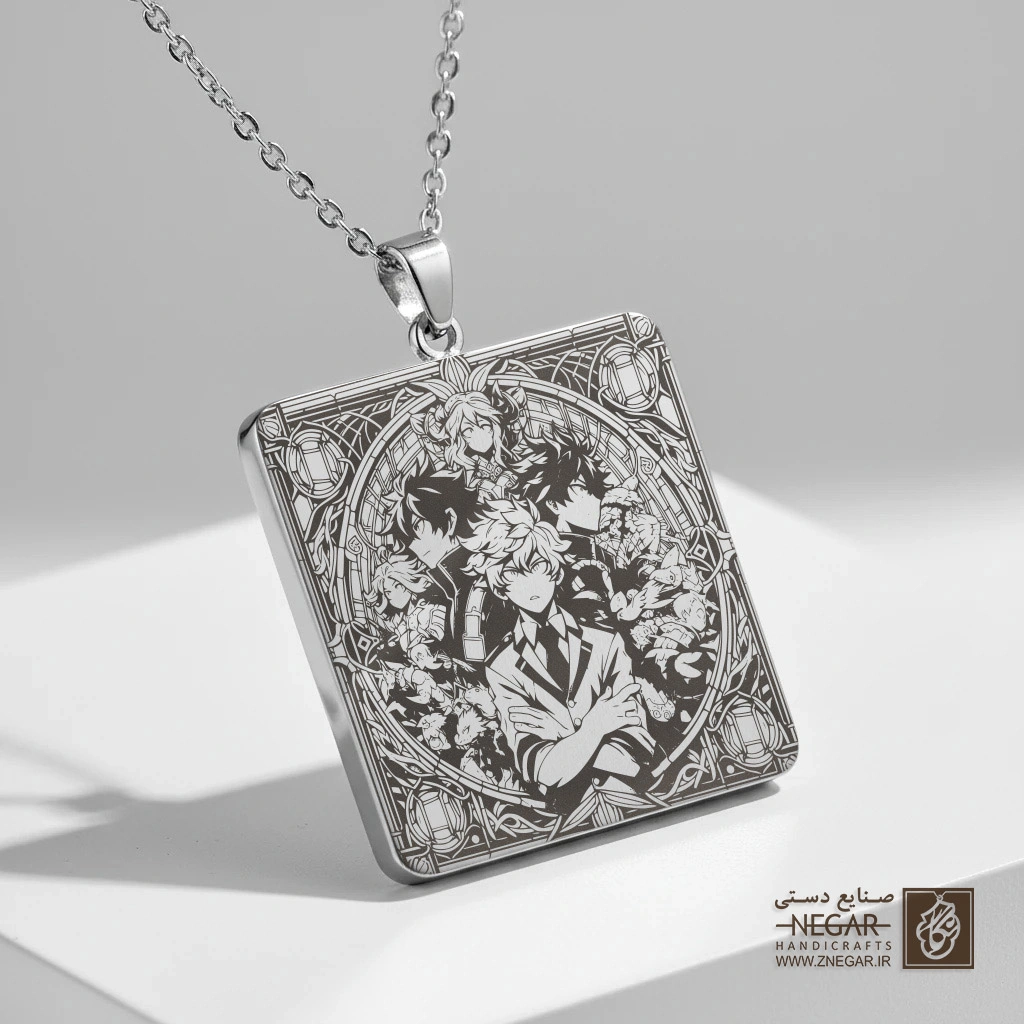گردنبند طرح گروهی قهرمانان مدرسه من (حکاکی لیزری فایبر، مدل قاب مربع) کد 502399