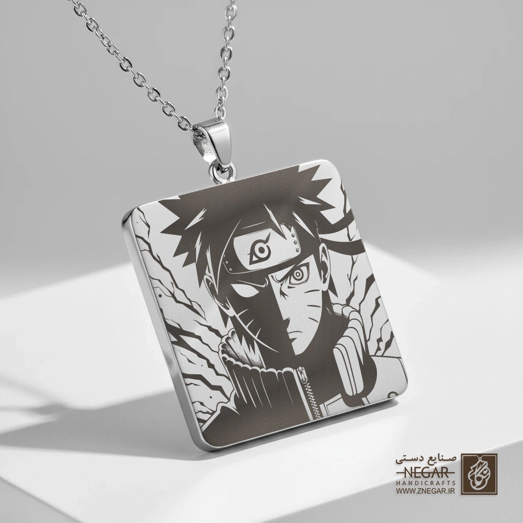گردنبند طرح ناروتو (Naruto) نیم‌رخ (حکاکی لیزری فایبر، مدل قاب مربع) کد 502407