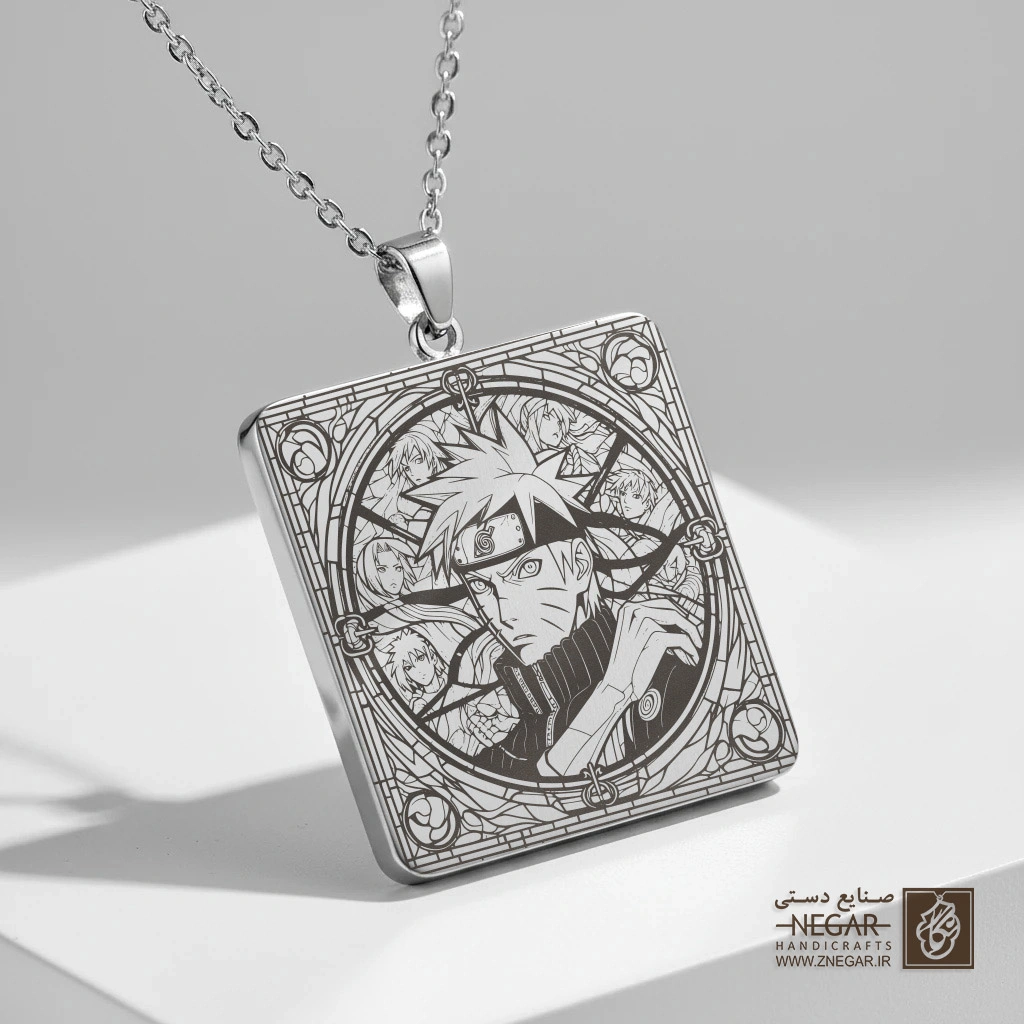 گردنبند طرح ناروتو با هدبند نینجا (حکاکی لیزری فایبر، مدل قاب مربع) کد 502415