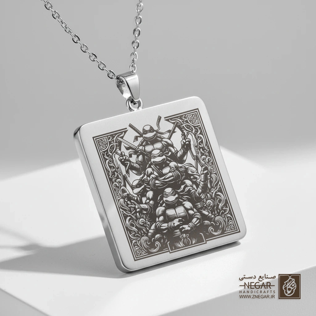 گردنبند طرح هنری نینجا تتلز (حکاکی لیزری فایبر، مدل قاب مربع) کد 502457