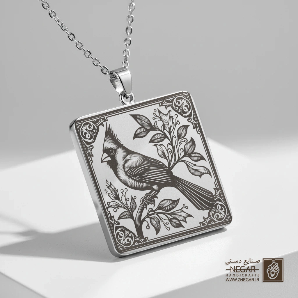 گردنبند طرح کاردینال - گرافیکی (حکاکی لیزری فایبر، مدل قاب مربع) کد 502466
