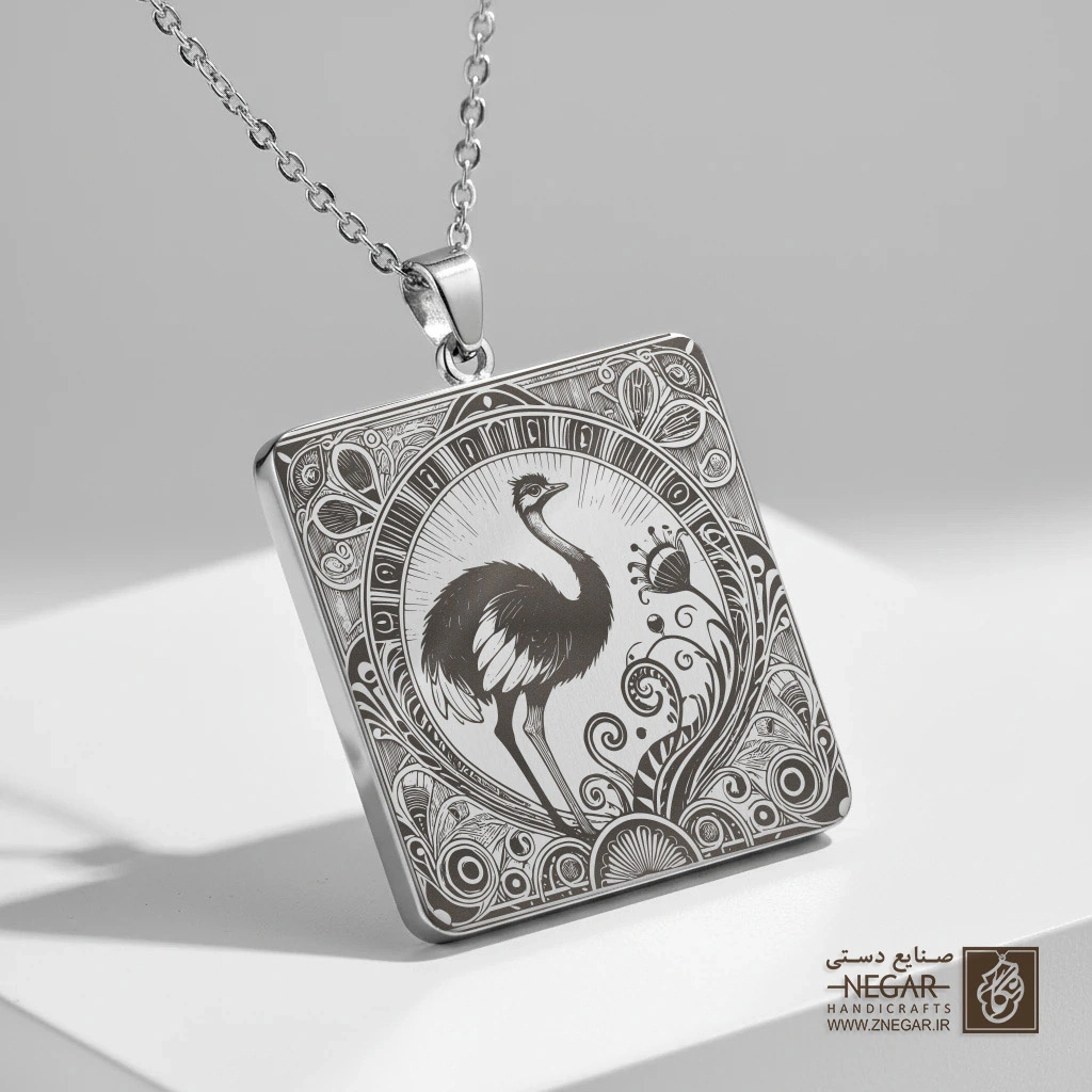 گردنبند طرح شترمرغ - اسلیمی () (حکاکی لیزری فایبر، مدل قاب مربع) کد 502505