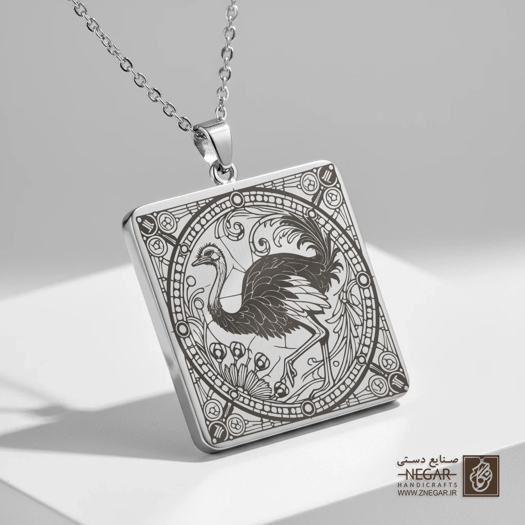 گردنبند طرح شترمرغ - ماندالا () (حکاکی لیزری فایبر، مدل قاب مربع) کد 502506