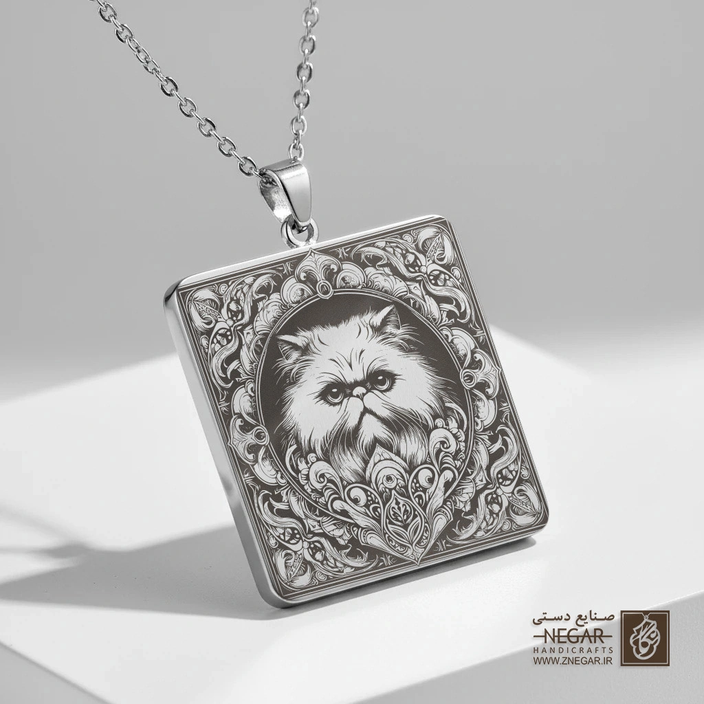 گردنبند طرح گربه پرشین - قاب تزئینی (حکاکی لیزری فایبر، مدل قاب مربع) کد 502598