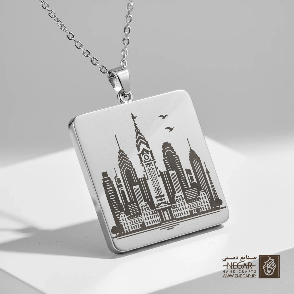 گردنبند طرح خط آسمان فیلادلفیا (حکاکی لیزری فایبر، مدل قاب مربع) کد 502610
