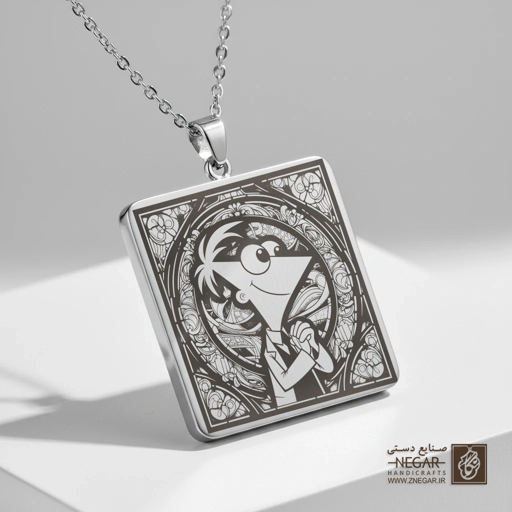 گردنبند طرح فینیس و فرب - فینیس (حکاکی لیزری فایبر، مدل قاب مربع) کد 502617