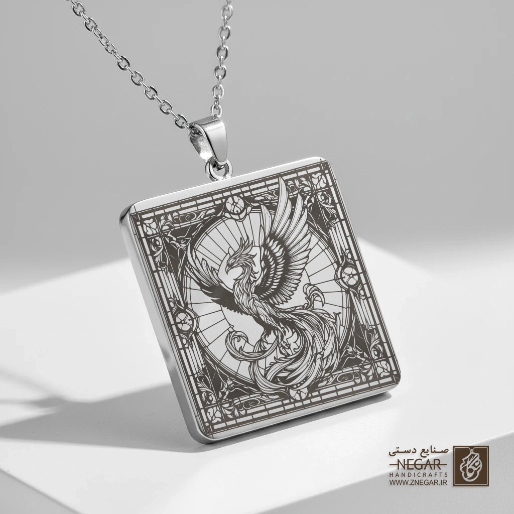 گردنبند طرح ققنوس در قاب ماندالا (حکاکی لیزری فایبر، مدل قاب مربع) کد 502625