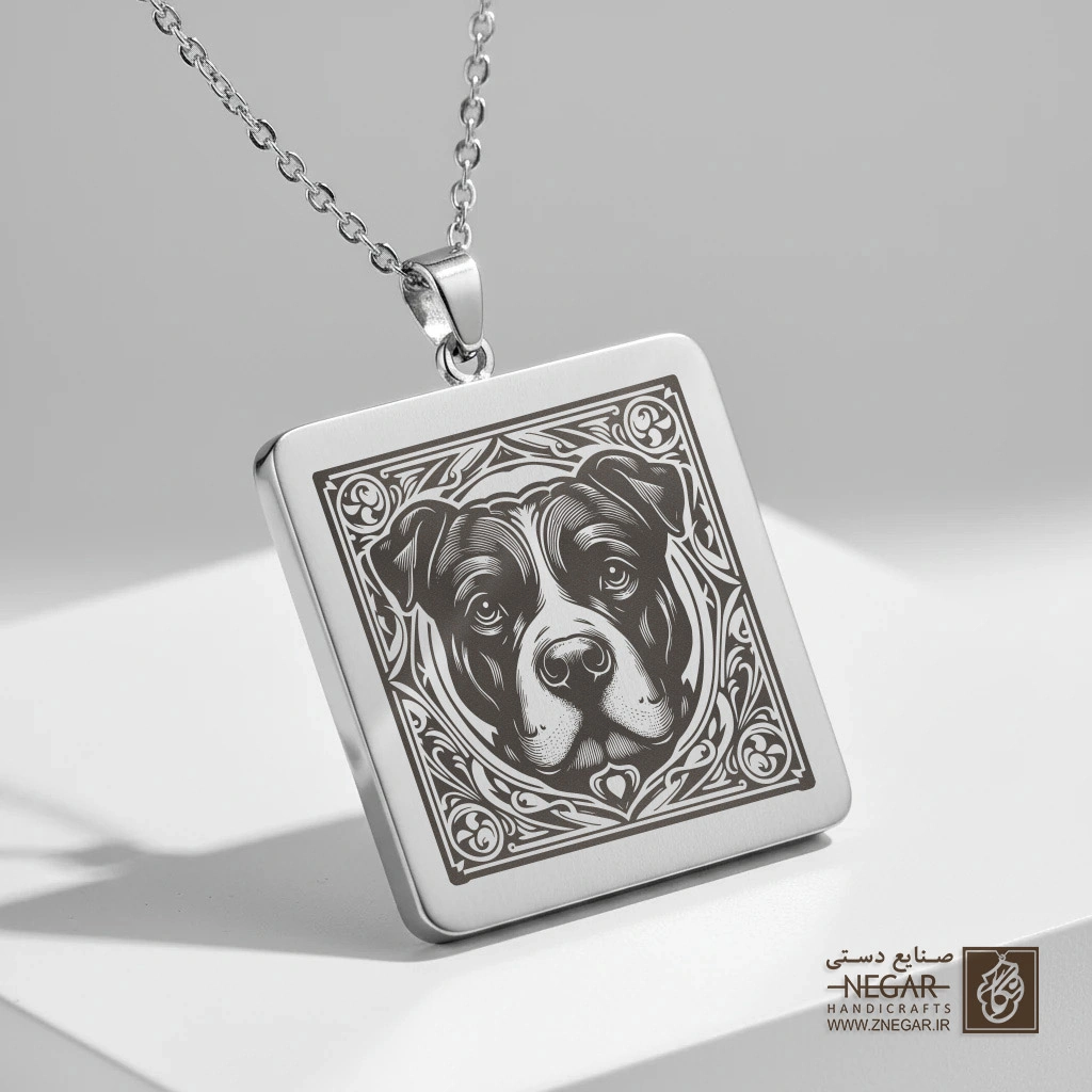گردنبند طرح پرتره پیت‌بول (حکاکی لیزری فایبر، مدل قاب مربع) کد 502652