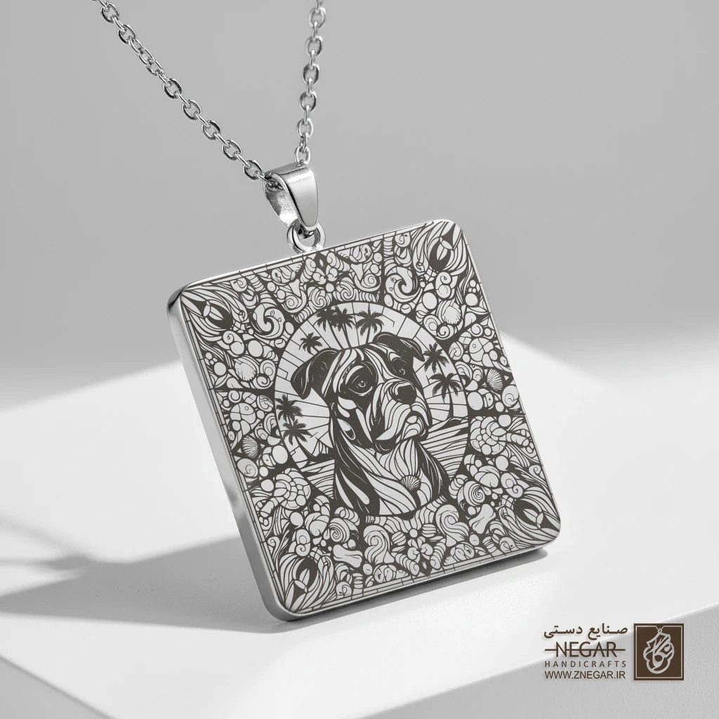 گردنبند طرح پیت‌بول و خورشید (حکاکی لیزری فایبر، مدل قاب مربع) کد 502655