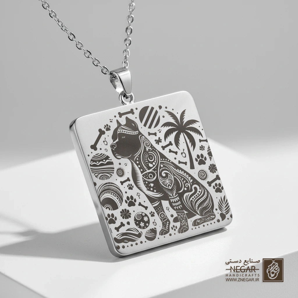 گردنبند طرح پیت‌بول ماندالا (حکاکی لیزری فایبر، مدل قاب مربع) کد 502657