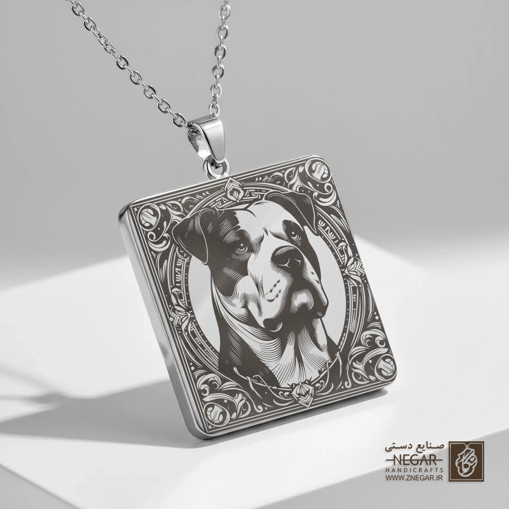 گردنبند طرح پیت‌بول کلاسیک (حکاکی لیزری فایبر، مدل قاب مربع) کد 502660
